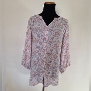 Rose + Olive Lightweight Paisley Floral Button-Front Women's Top Size 1X